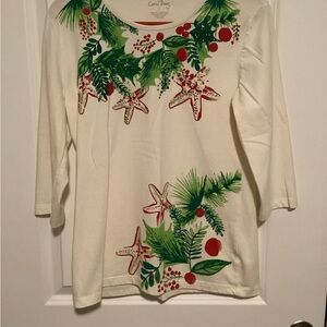 Coral Bay Women’s Bedazzled Christmas Holly & Starfish Top Size S - NWOT